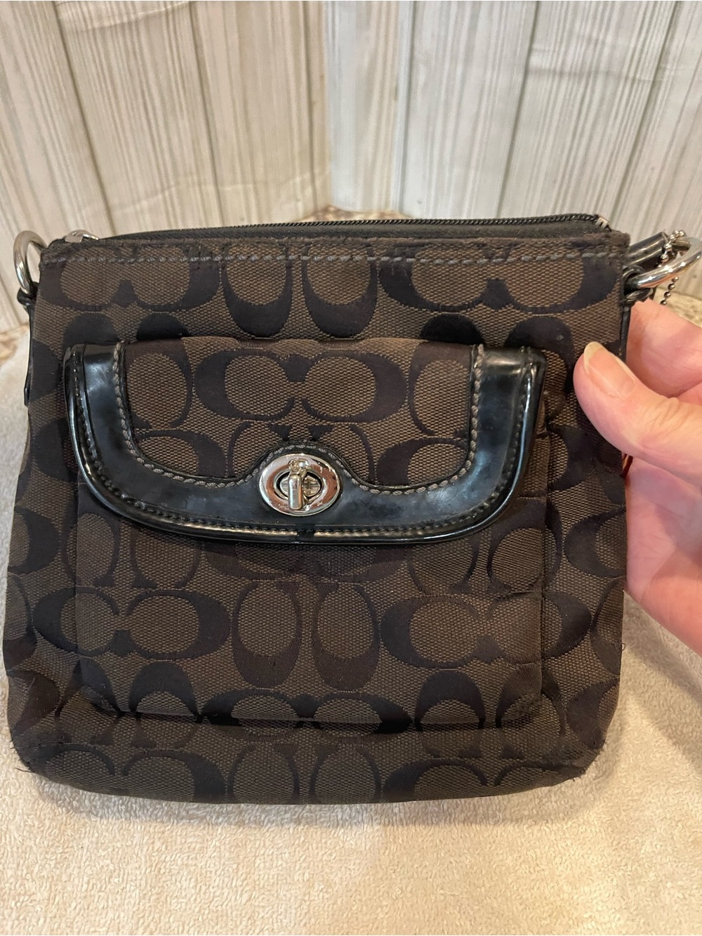 Coach Brown Signature Canvas Crossbody with Turn-Lock Pocket